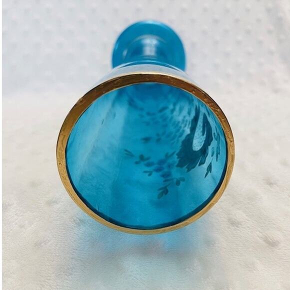 Antique Turquoise French Enamel Glass Vase, Hand Painted Floral, Gold Gilt 1900s - Picture 5 of 7